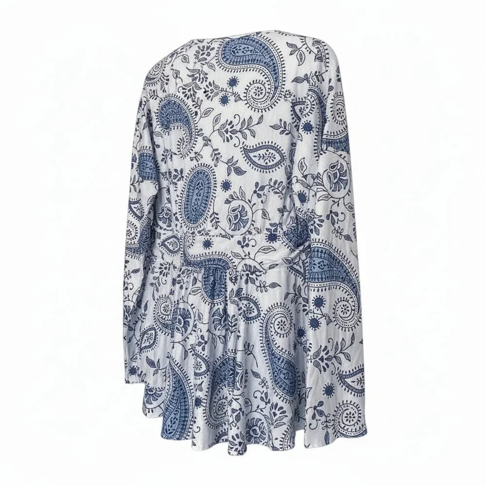 Plus Size V-Neck Banded Waist Promenade Boho Paisley Wrap Peplum Floral Top - Picture 4 of 7